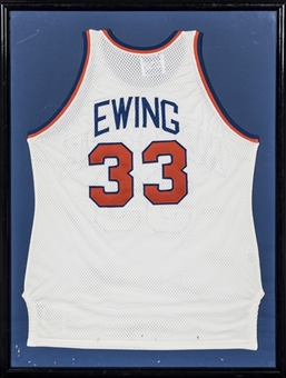 1985-86 Patrick Ewing Game Used New York Knicks Home Jersey in 28x37 Framed Display (Knicks LOA)